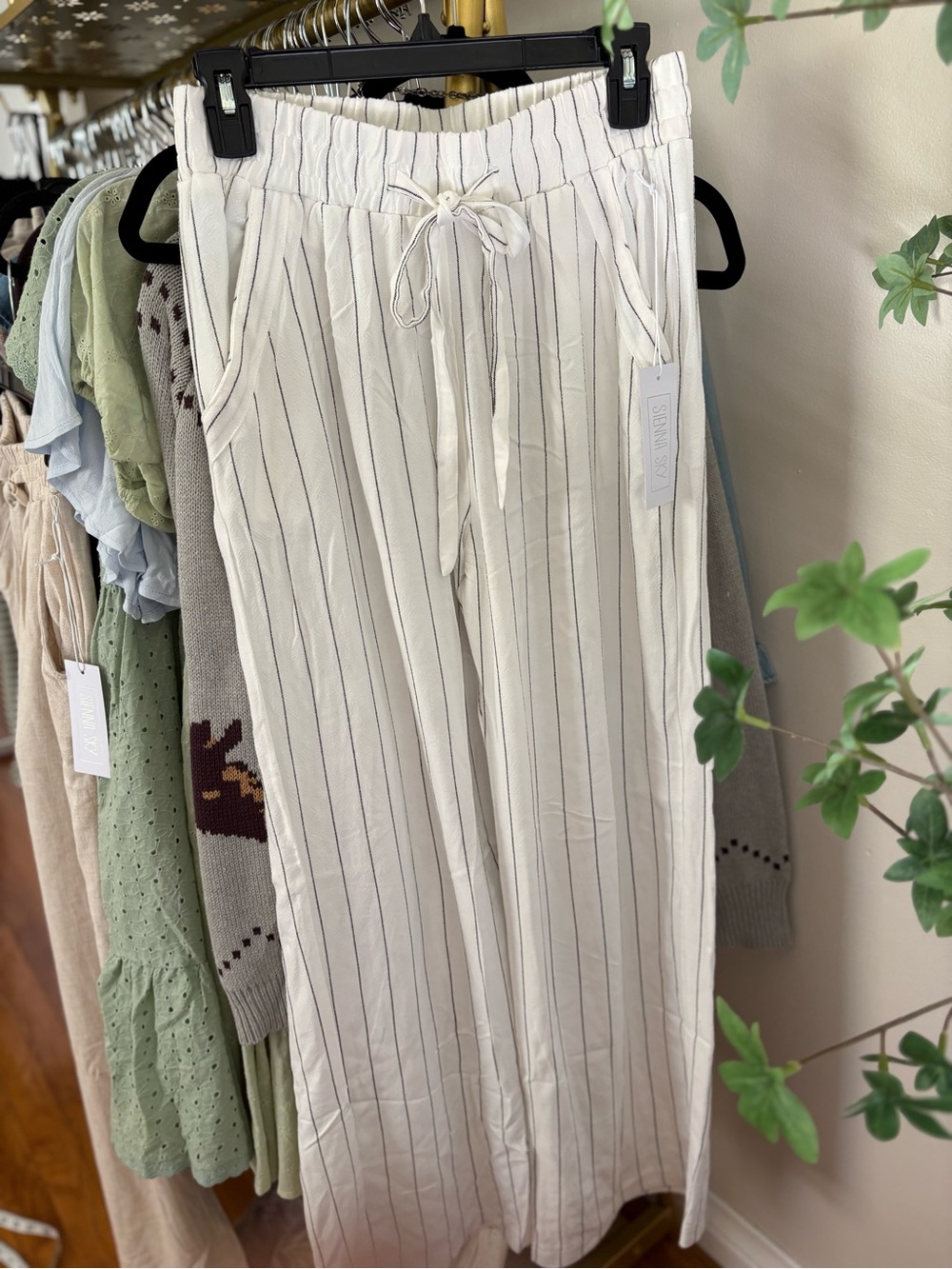 Sienna Sky White Pinstripe Wide-Leg Drawstring Pants